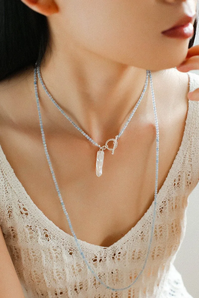 Aquamarine Toothpick Baroque Pearl OT Clasp Pendant Necklace