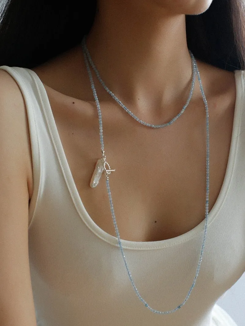 Aquamarine Toothpick Baroque Pearl OT Clasp Pendant Necklace