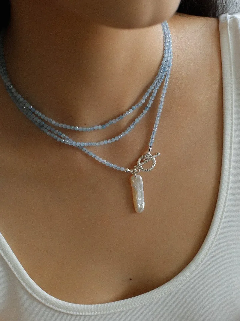 Aquamarine Toothpick Baroque Pearl OT Clasp Pendant Necklace