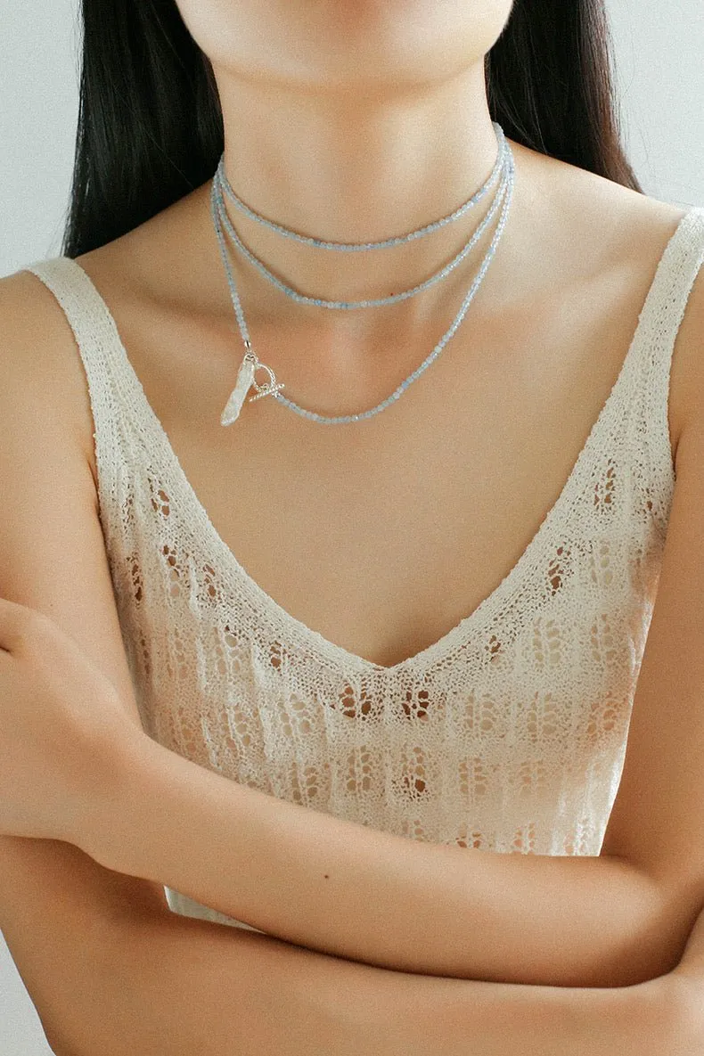 Aquamarine Toothpick Baroque Pearl OT Clasp Pendant Necklace