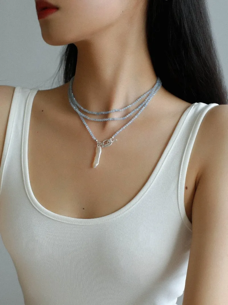 Aquamarine Toothpick Baroque Pearl OT Clasp Pendant Necklace