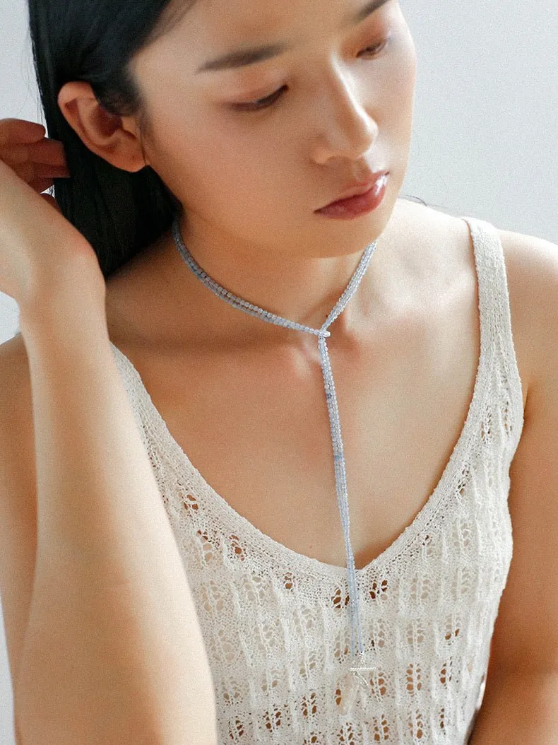 Aquamarine Toothpick Baroque Pearl OT Clasp Pendant Necklace