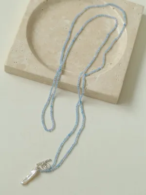 Aquamarine Toothpick Baroque Pearl OT Clasp Pendant Necklace