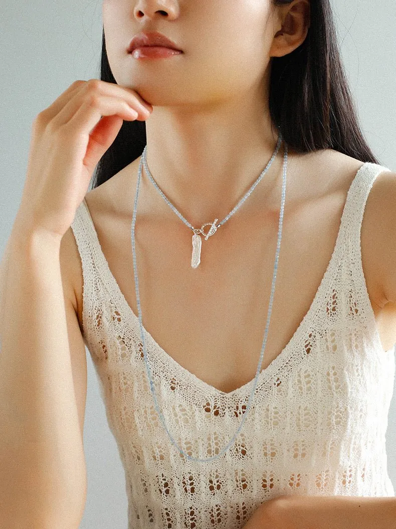 Aquamarine Toothpick Baroque Pearl OT Clasp Pendant Necklace