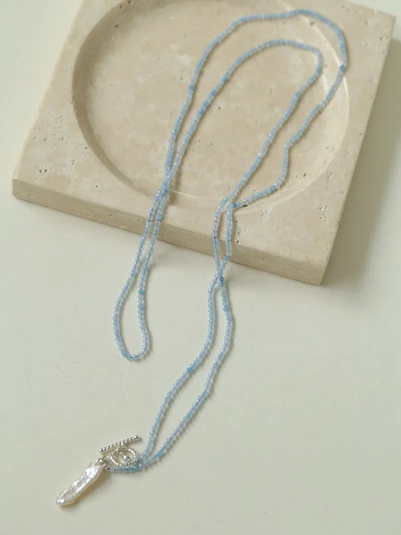 Aquamarine Toothpick Baroque Pearl OT Clasp Pendant Necklace