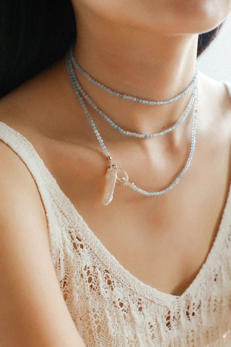 Aquamarine Toothpick Baroque Pearl OT Clasp Pendant Necklace