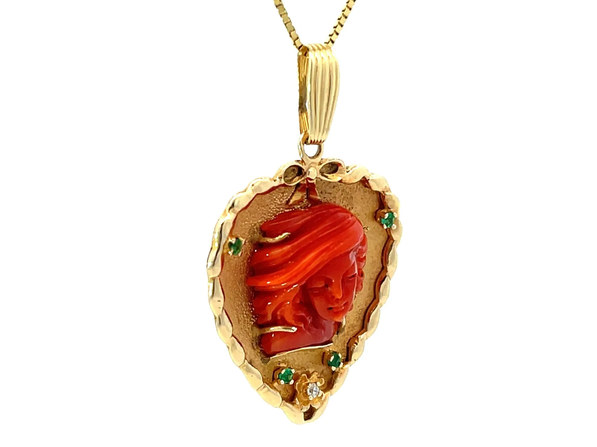 Ariel Carved Red Coral Emerald Shell Necklace Solid 14K Yellow Gold
