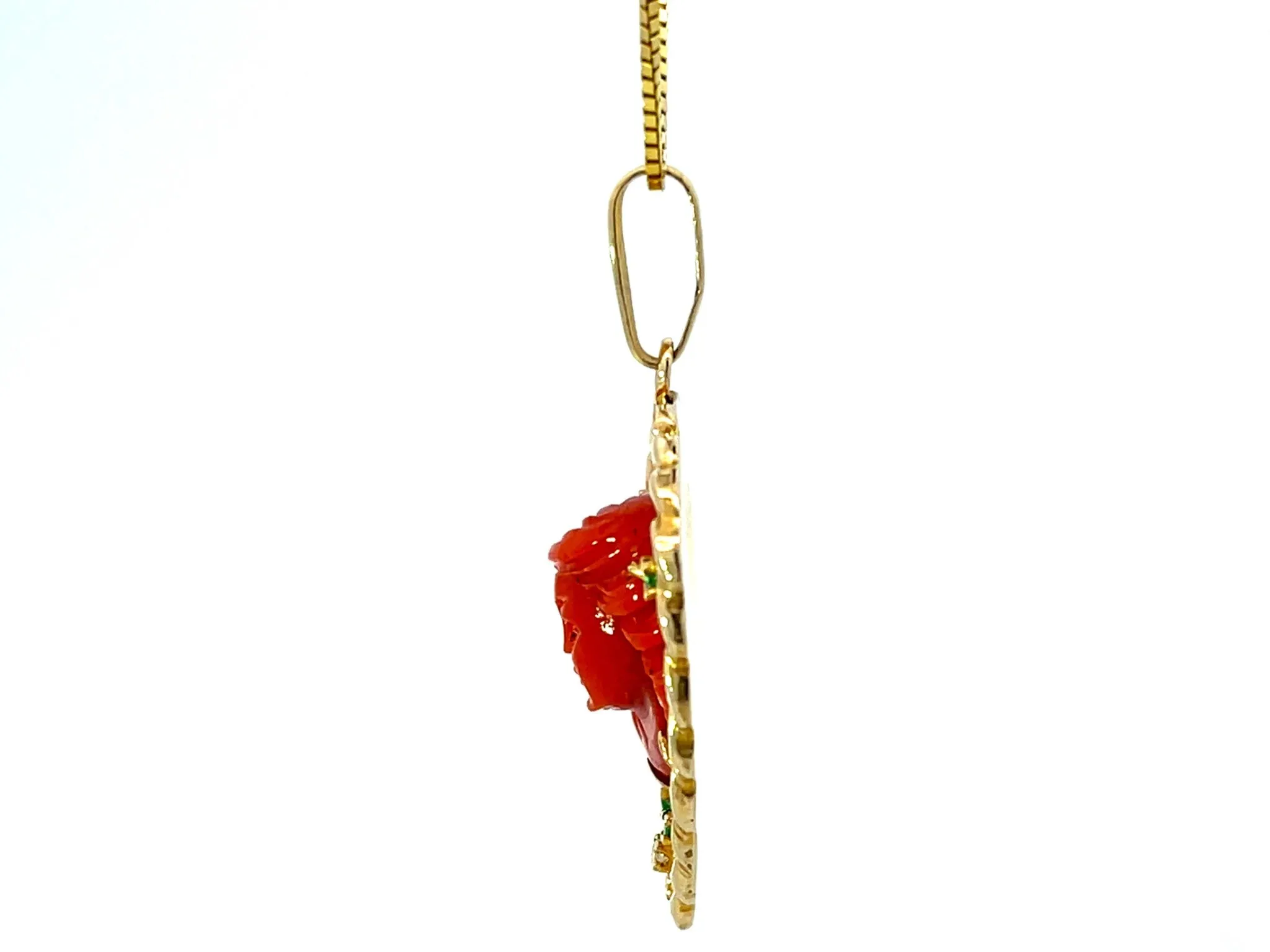 Ariel Carved Red Coral Emerald Shell Necklace Solid 14K Yellow Gold