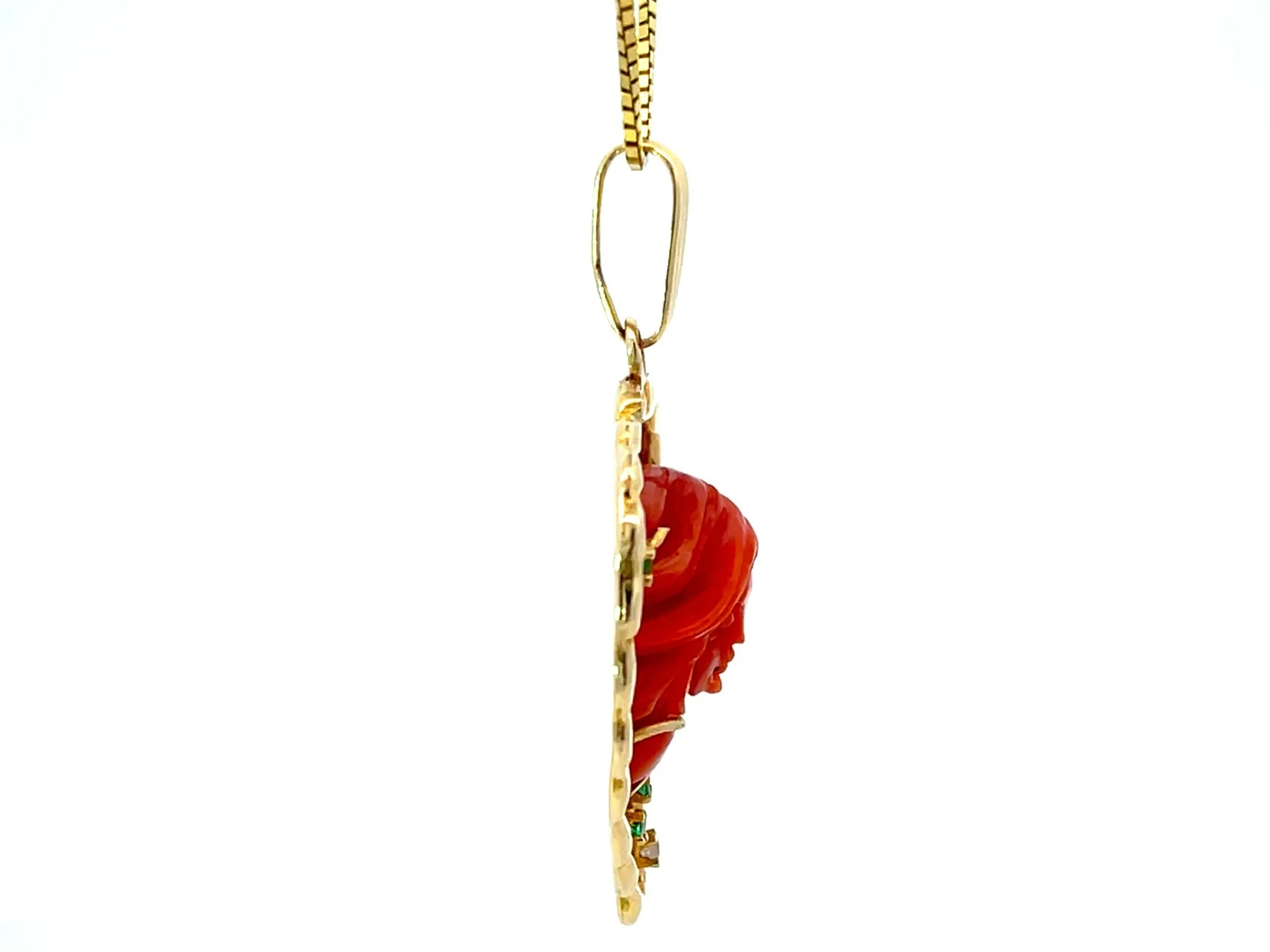 Ariel Carved Red Coral Emerald Shell Necklace Solid 14K Yellow Gold