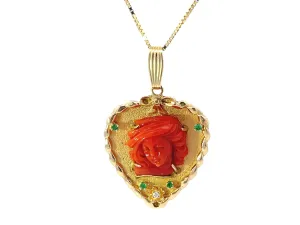 Ariel Carved Red Coral Emerald Shell Necklace Solid 14K Yellow Gold
