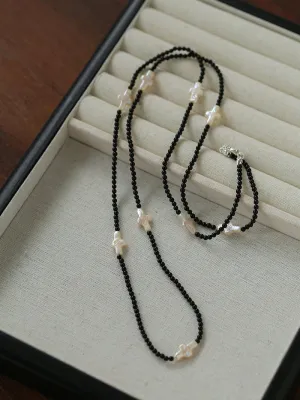 Black Agate Cross Baroque Pearl Long Beaded Necklace