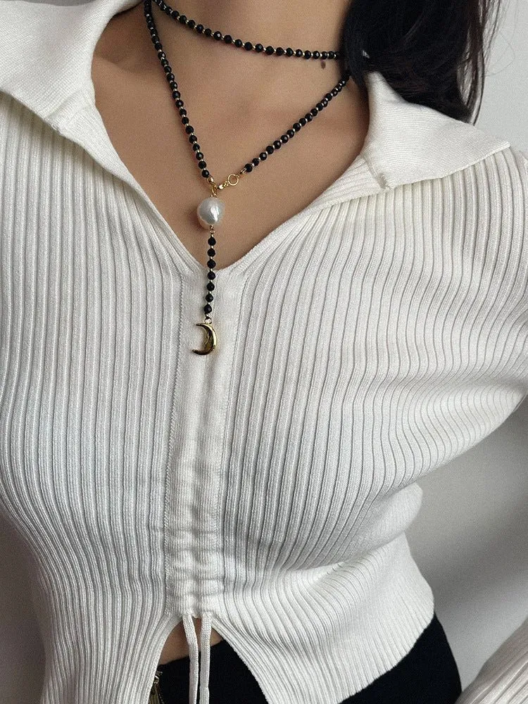 Black Onyx Layered Necklace with Pearl & Crescent Moon Pendant