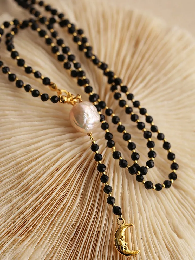 Black Onyx Layered Necklace with Pearl & Crescent Moon Pendant