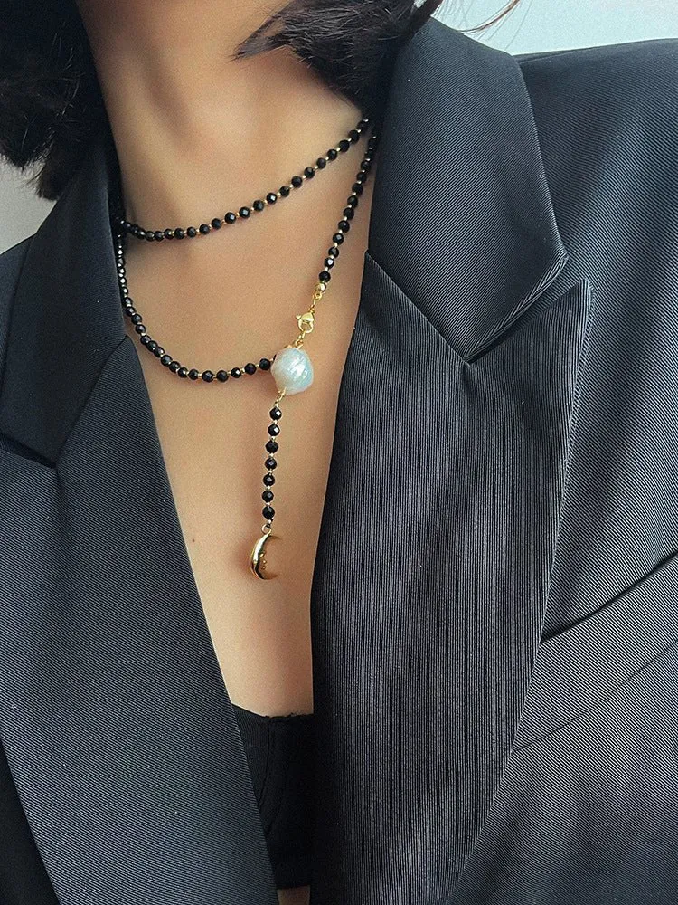 Black Onyx Layered Necklace with Pearl & Crescent Moon Pendant
