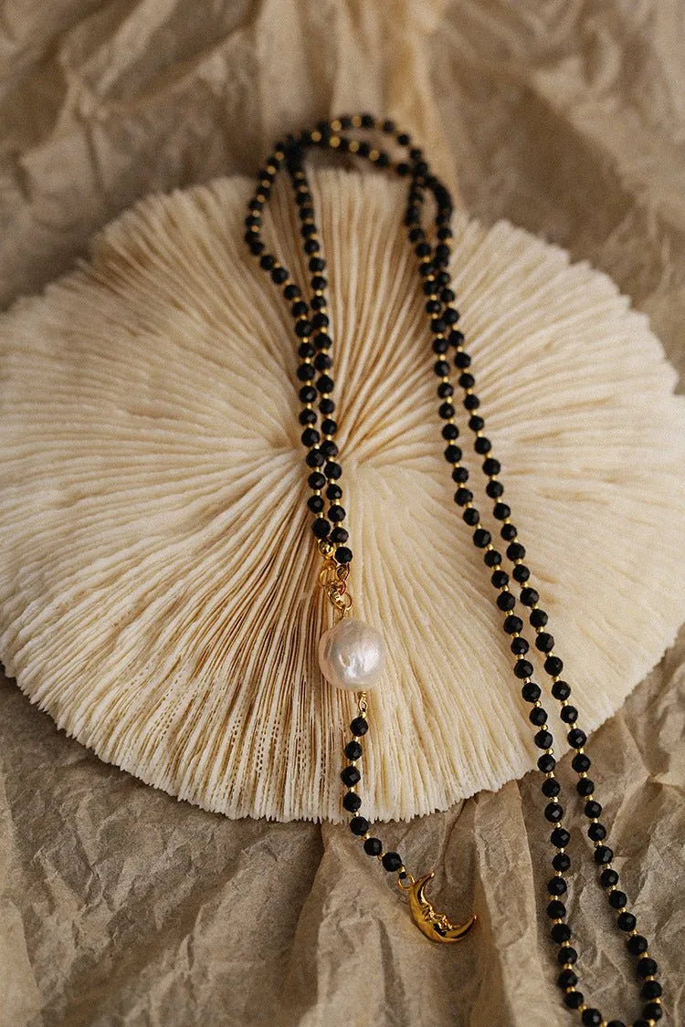 Black Onyx Layered Necklace with Pearl & Crescent Moon Pendant