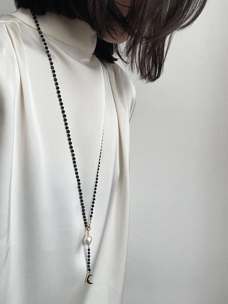 Black Onyx Layered Necklace with Pearl & Crescent Moon Pendant
