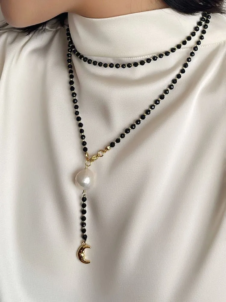 Black Onyx Layered Necklace with Pearl & Crescent Moon Pendant