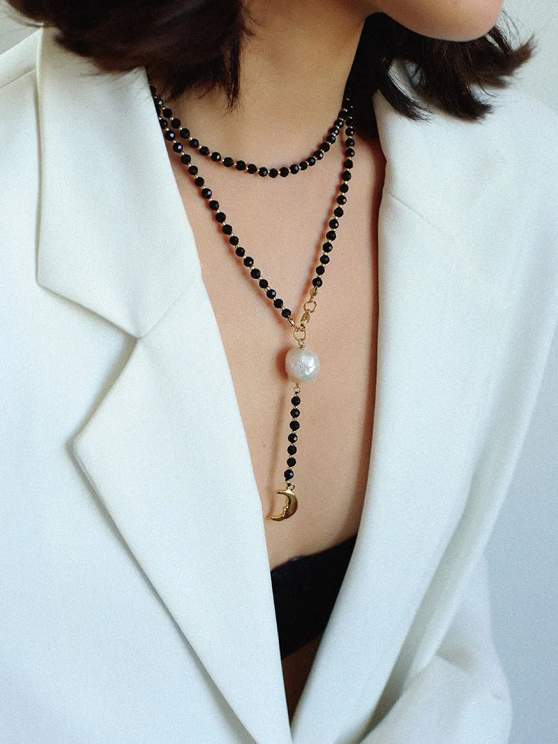 Black Onyx Layered Necklace with Pearl & Crescent Moon Pendant