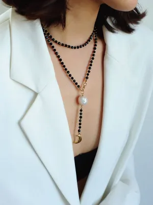 Black Onyx Layered Necklace with Pearl & Crescent Moon Pendant