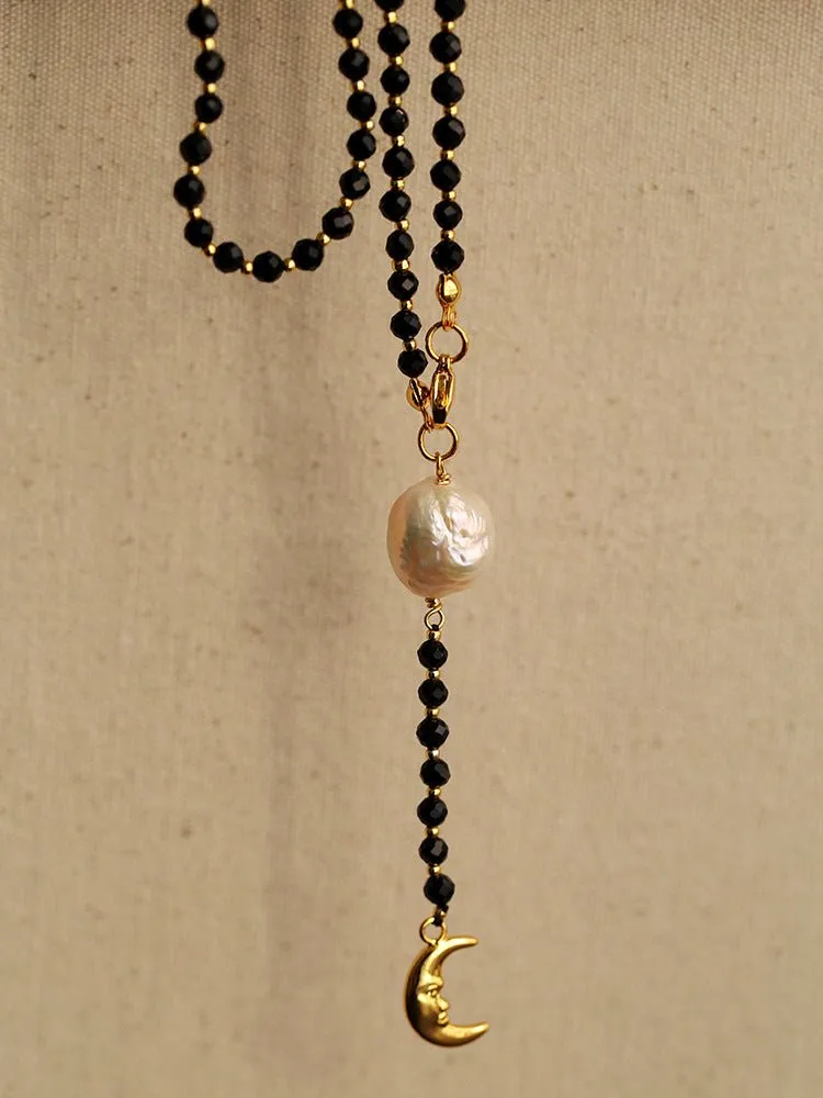 Black Onyx Layered Necklace with Pearl & Crescent Moon Pendant