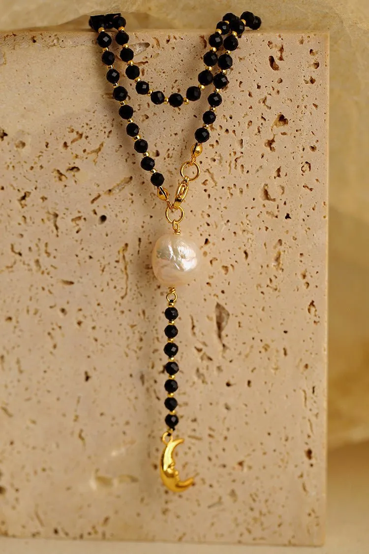 Black Onyx Layered Necklace with Pearl & Crescent Moon Pendant