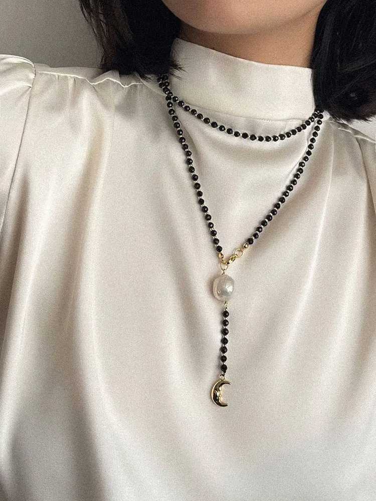 Black Onyx Layered Necklace with Pearl & Crescent Moon Pendant
