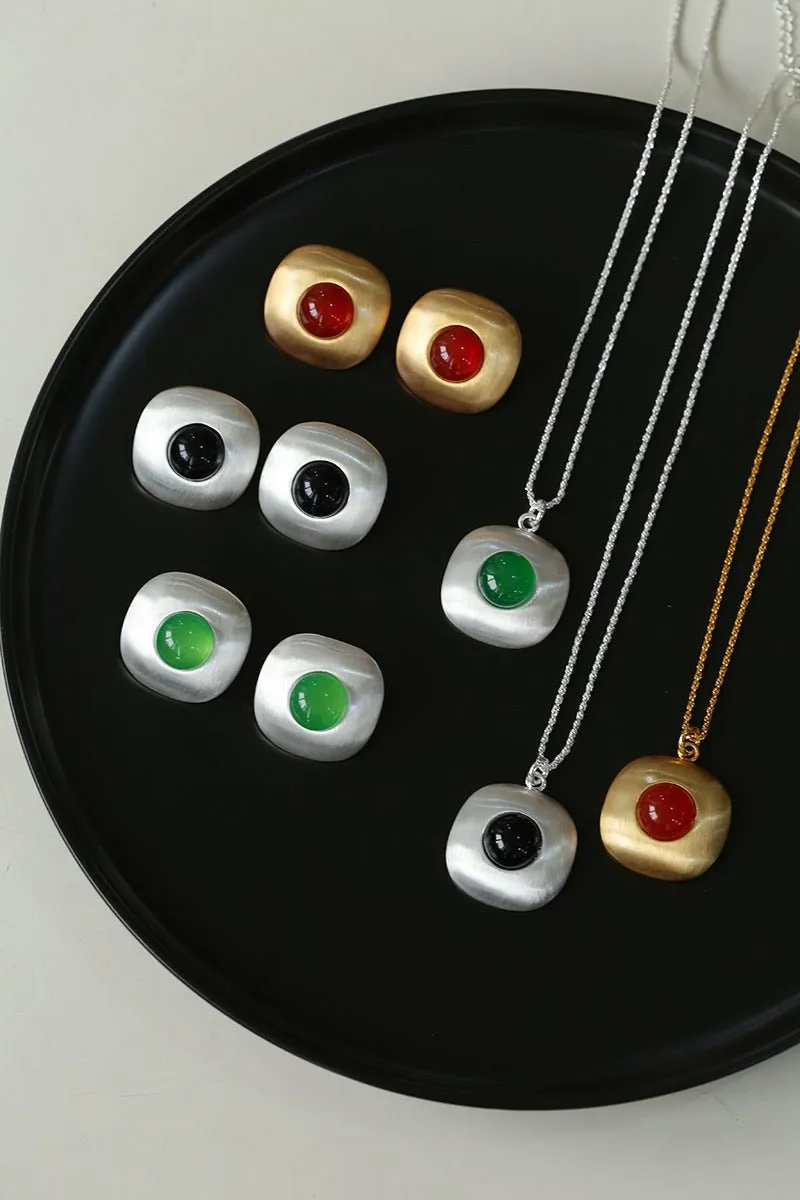 Brushed Geometric Pendant Agate Necklace