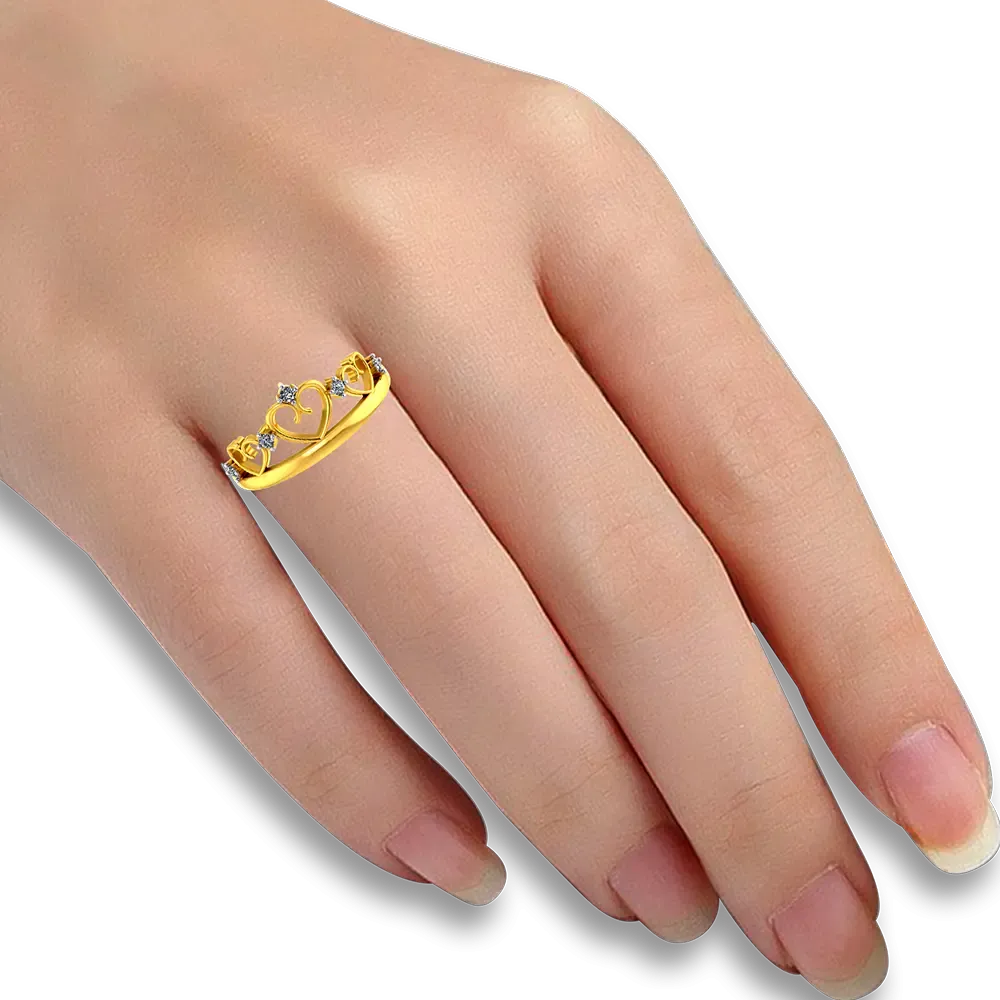 Crown-shaped 14k Gold Ring With Hearts And American Diamonds