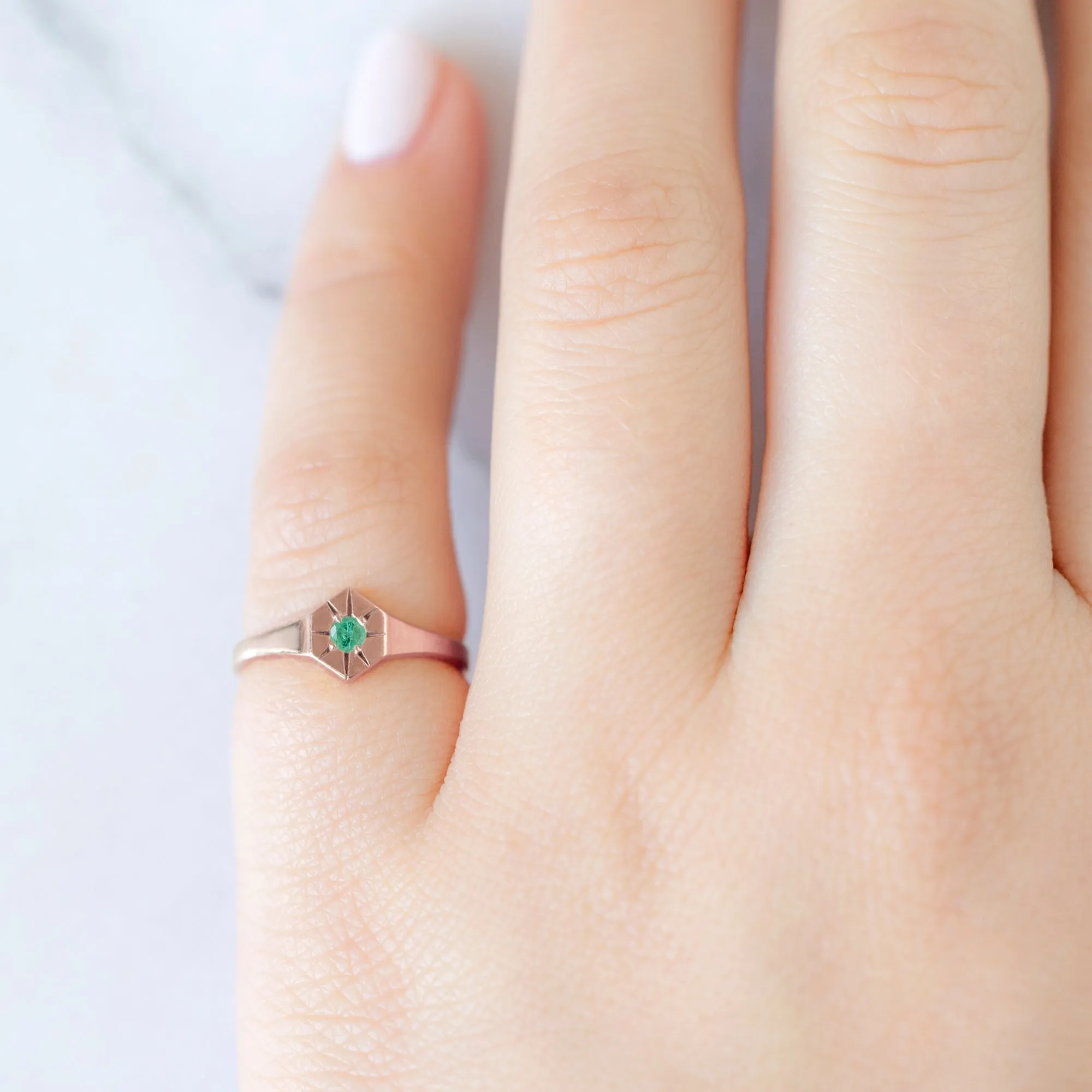 Custom Emerald Birthstone Signet Ring | Yellow, Rose or White Gold