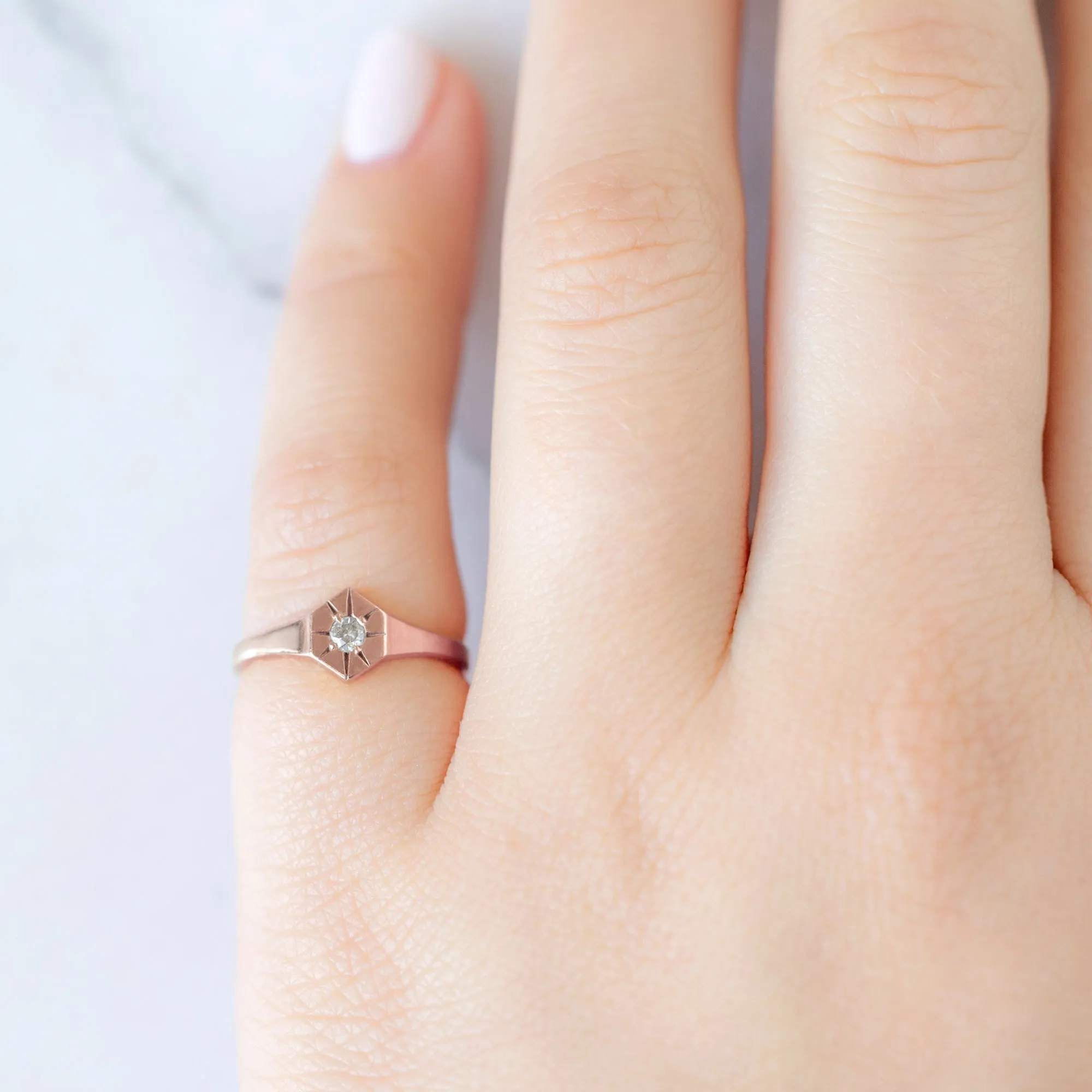 Custom White Diamond Birthstone Signet Ring | Yellow Gold