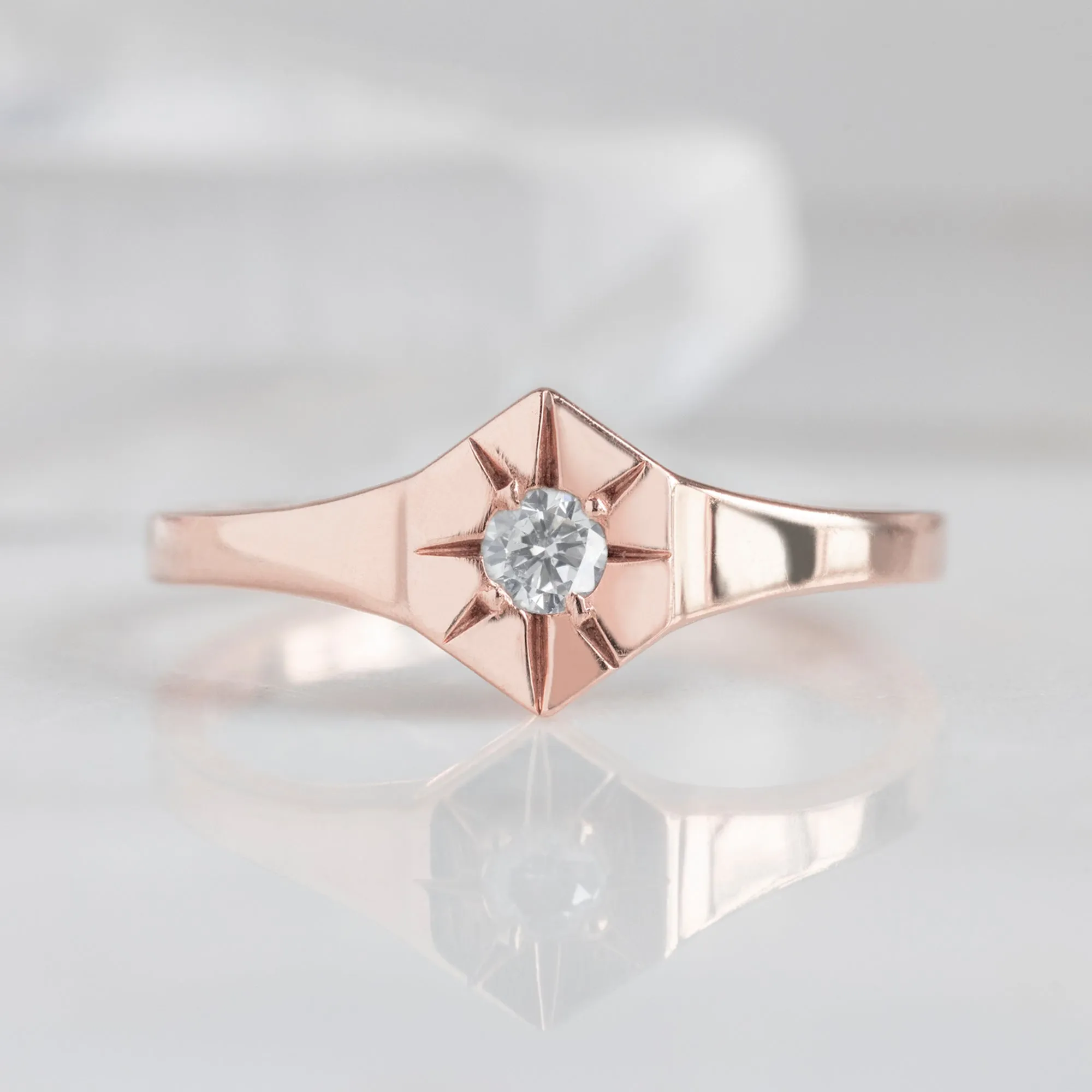 Custom White Diamond Birthstone Signet Ring | Yellow Gold