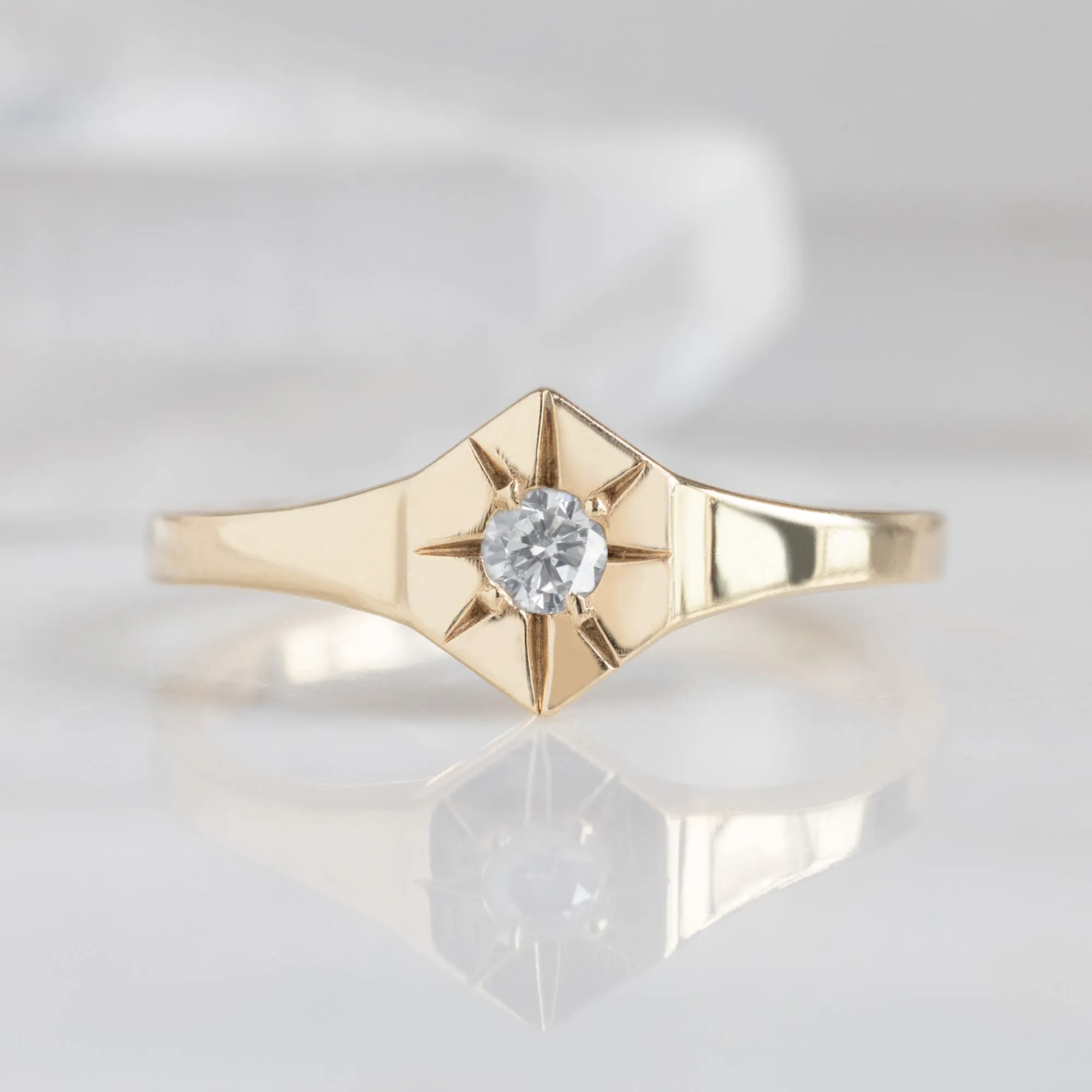 Custom White Diamond Birthstone Signet Ring | Yellow Gold