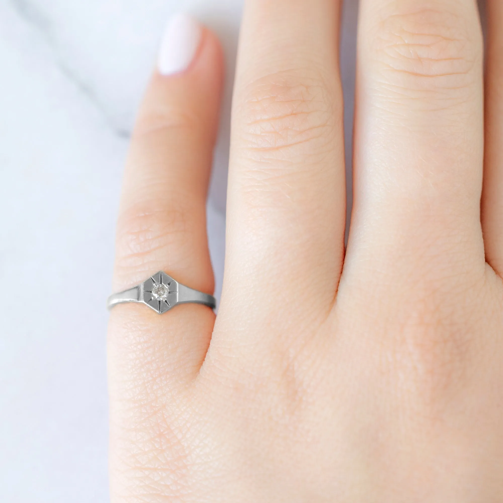 Custom White Diamond Birthstone Signet Ring | Yellow Gold