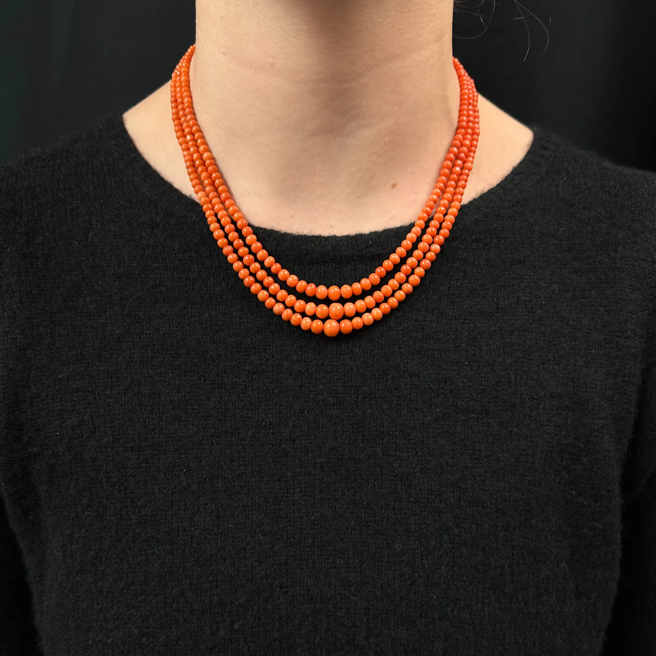 Daisy Exclusive Graduated Triple Strand Mediterranean Coral 18k Gold Necklace
