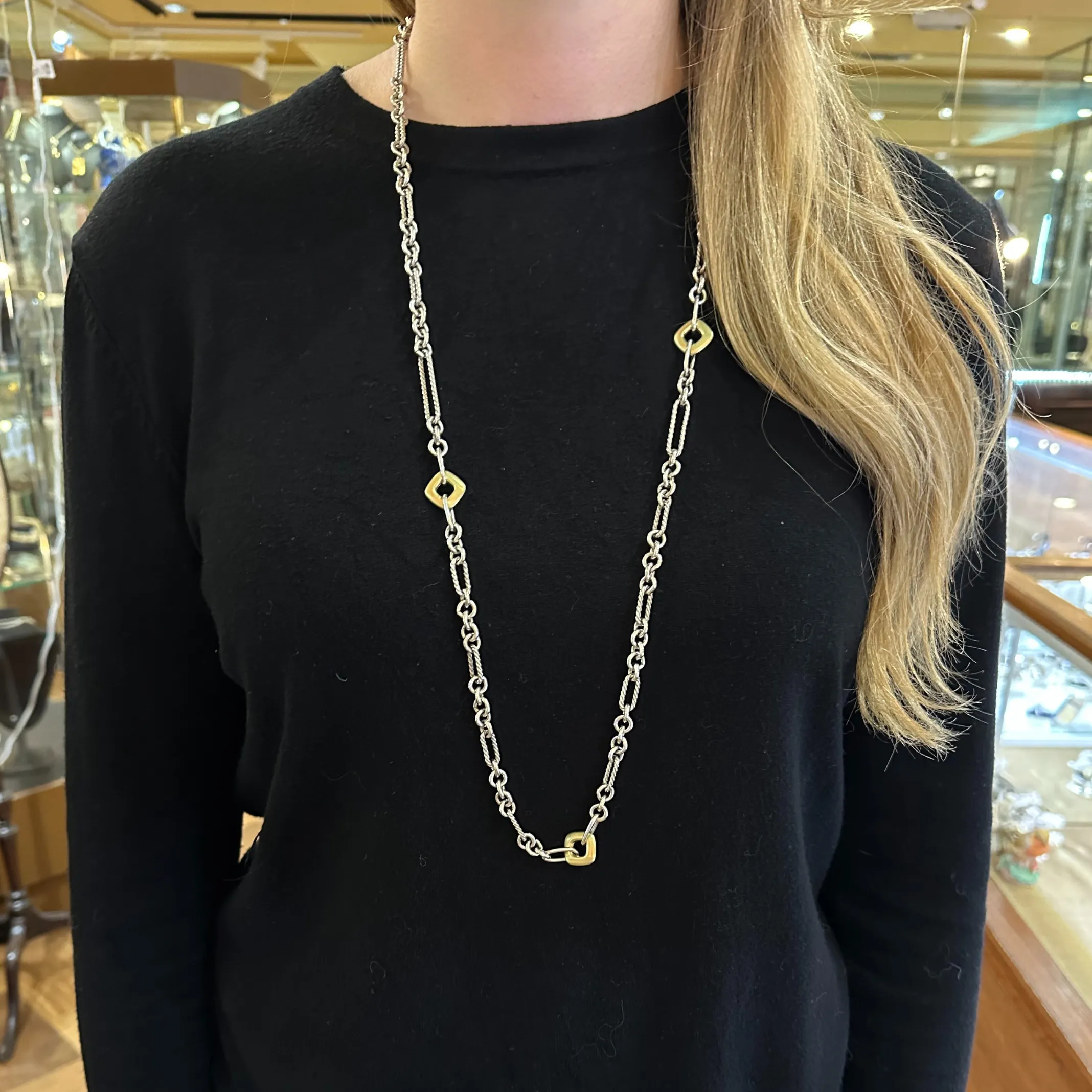David Yurman Sterling Silver 18k Yellow Gold Figaro Link Necklace