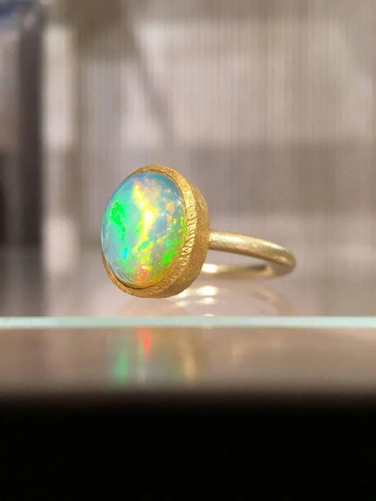 Devta Doolan Electric Rainbow Flash White Opal Gold Ring