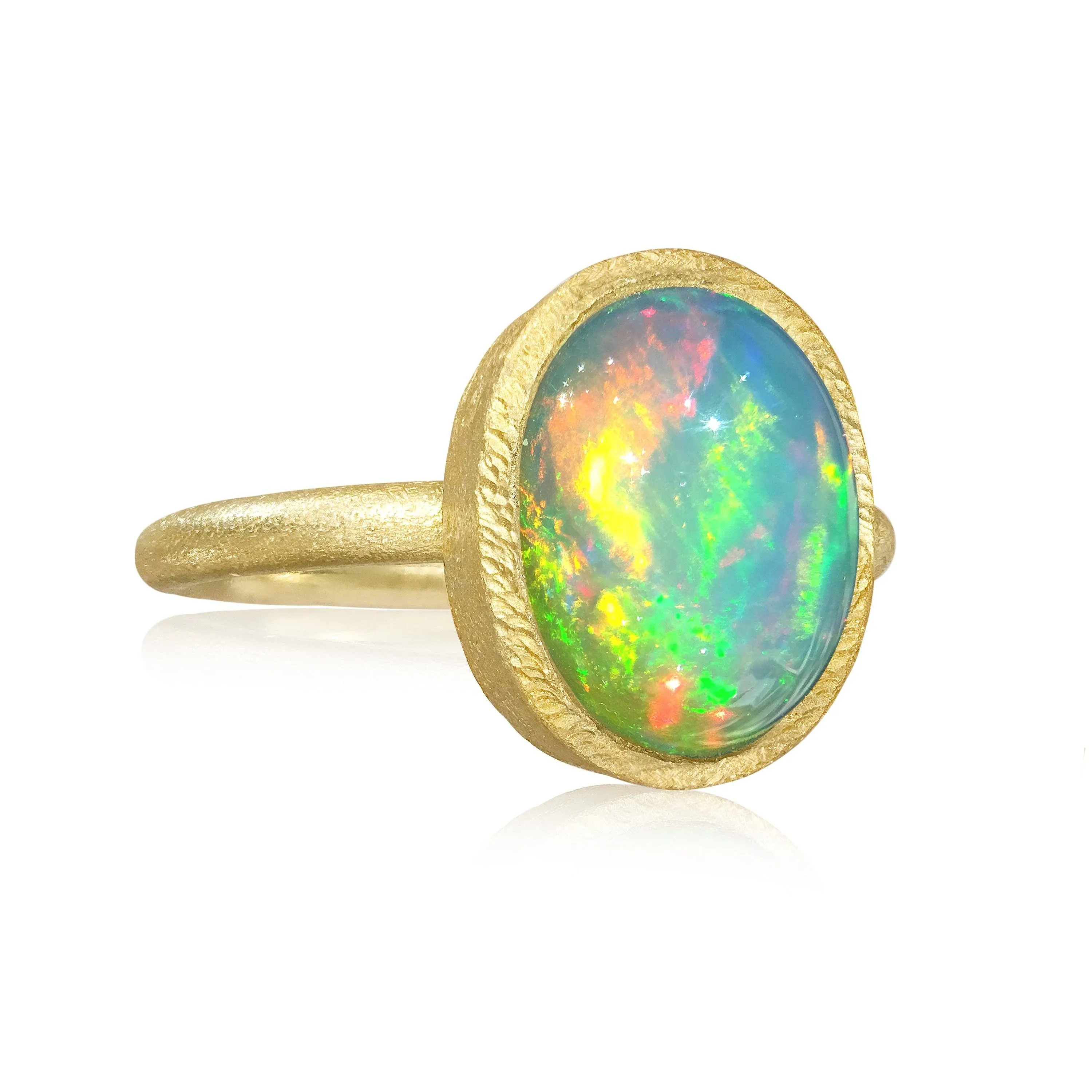 Devta Doolan Electric Rainbow Flash White Opal Gold Ring