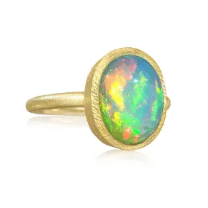 Devta Doolan Electric Rainbow Flash White Opal Gold Ring
