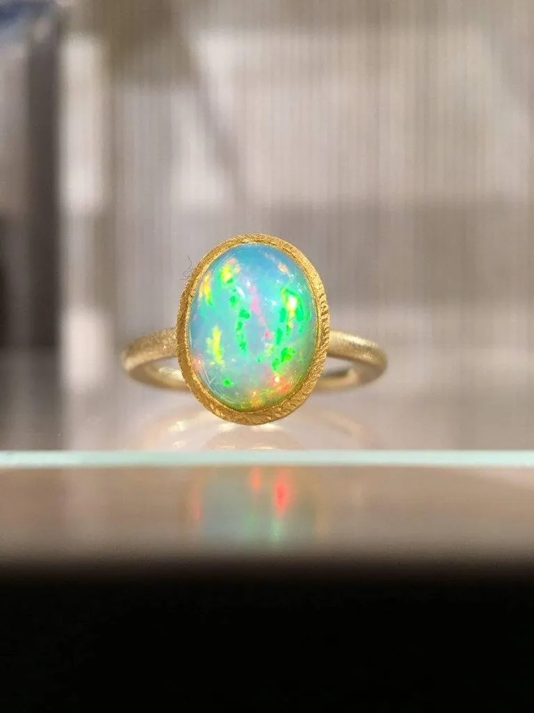 Devta Doolan Electric Rainbow Flash White Opal Gold Ring