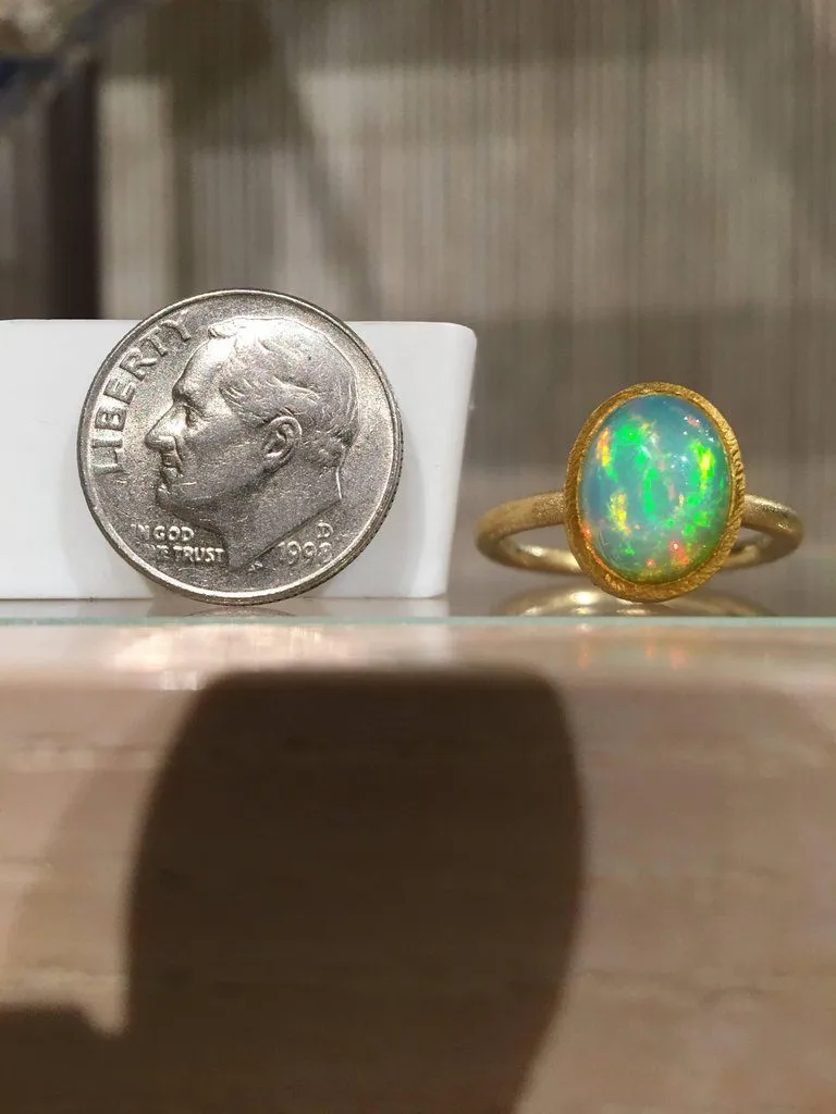 Devta Doolan Electric Rainbow Flash White Opal Gold Ring