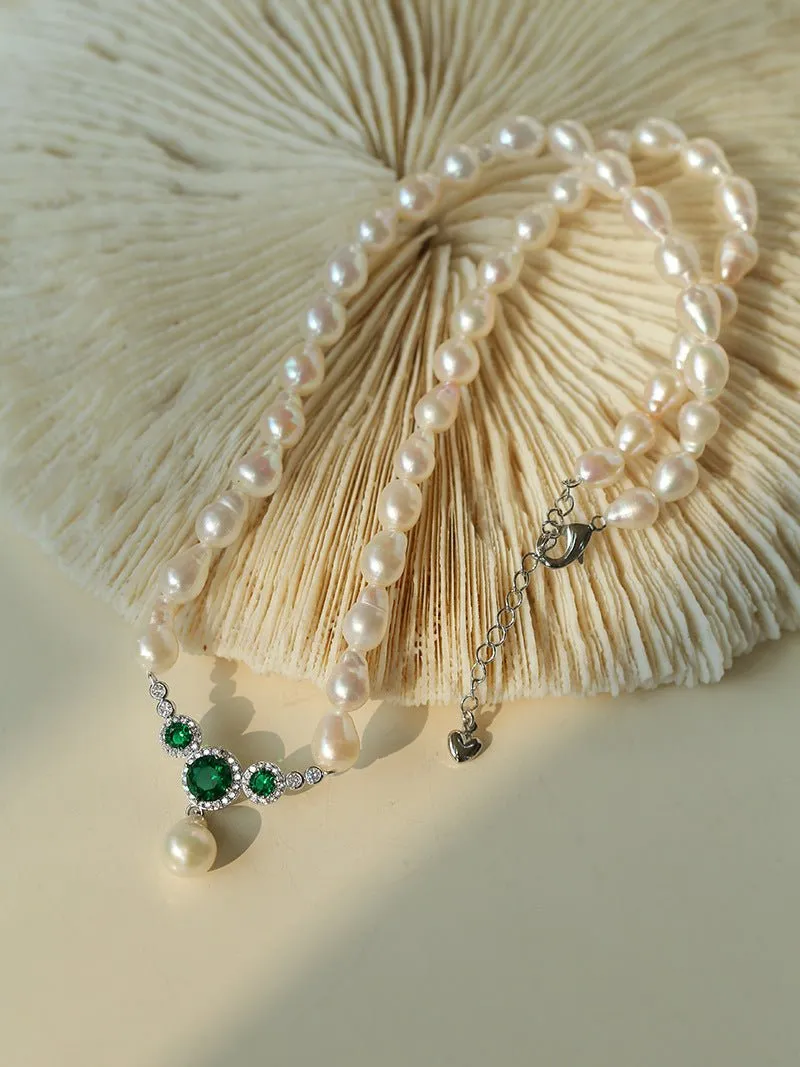 Drop Baroque Pearl Emerald Pendant Necklace