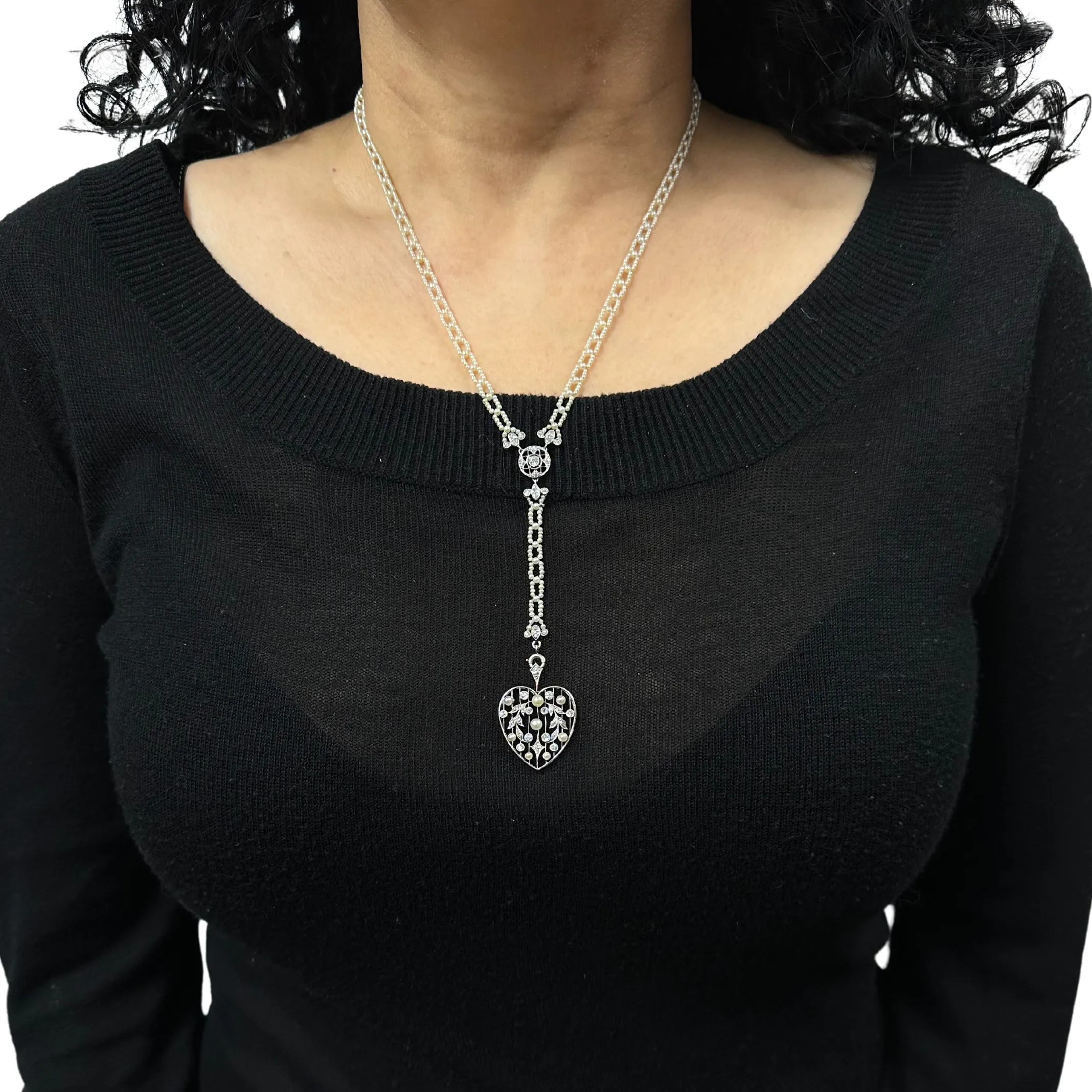 Edwardian Seed Pearl and Diamond Necklace with Detachable Heart Pendant C. 1900