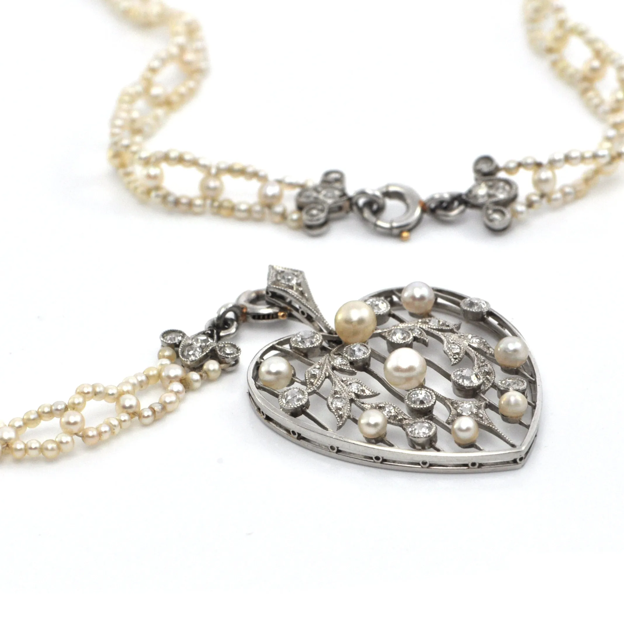Edwardian Seed Pearl and Diamond Necklace with Detachable Heart Pendant C. 1900