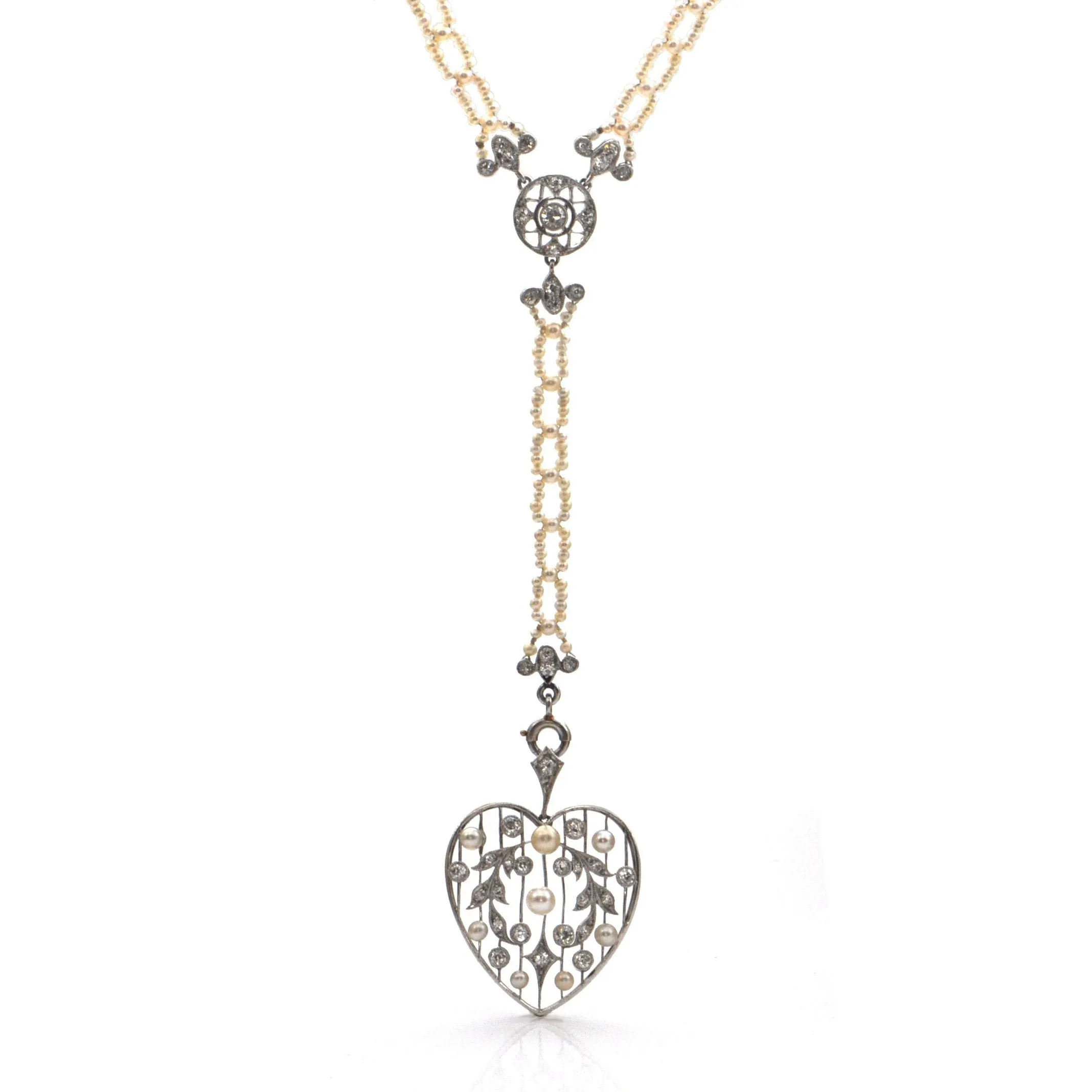 Edwardian Seed Pearl and Diamond Necklace with Detachable Heart Pendant C. 1900