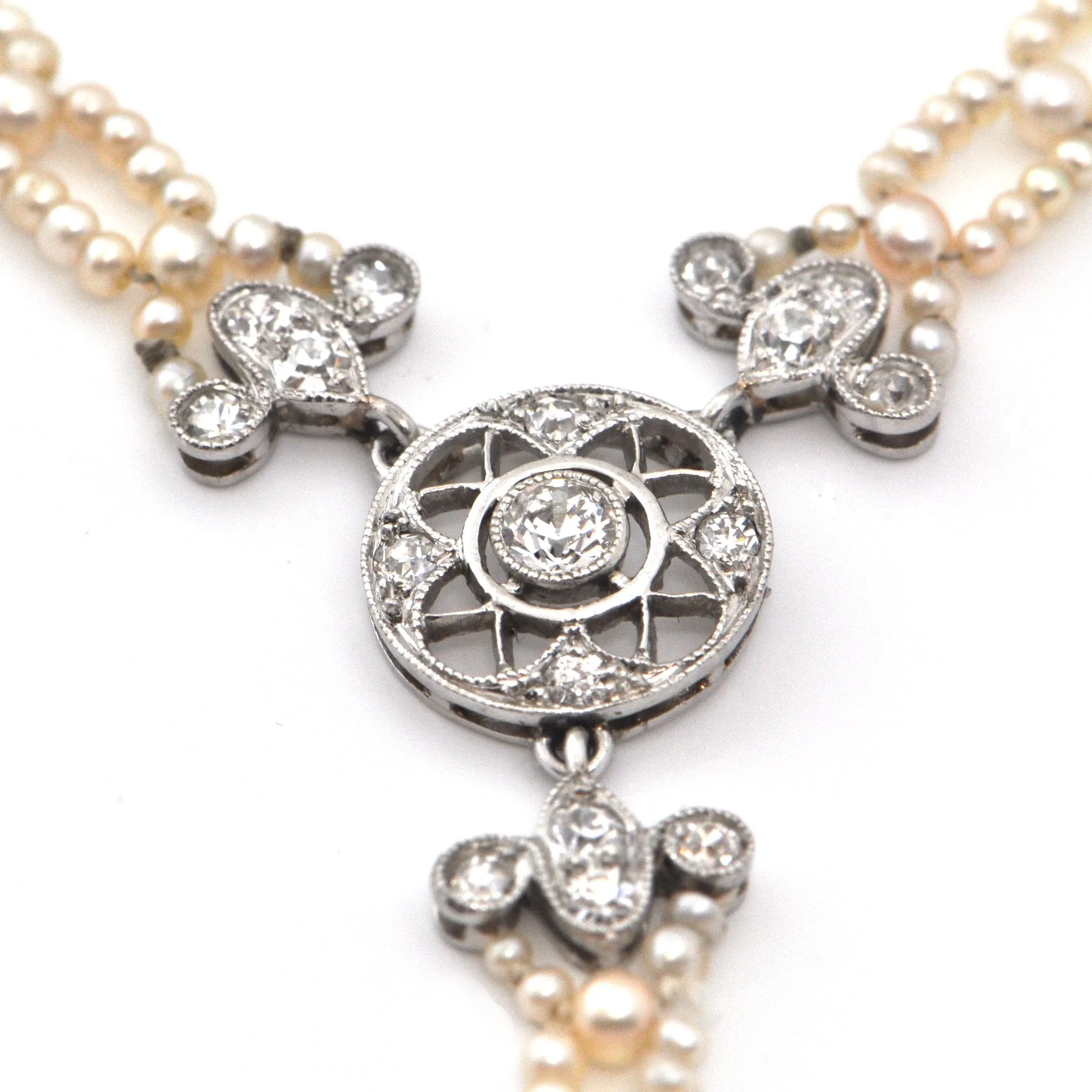 Edwardian Seed Pearl and Diamond Necklace with Detachable Heart Pendant C. 1900