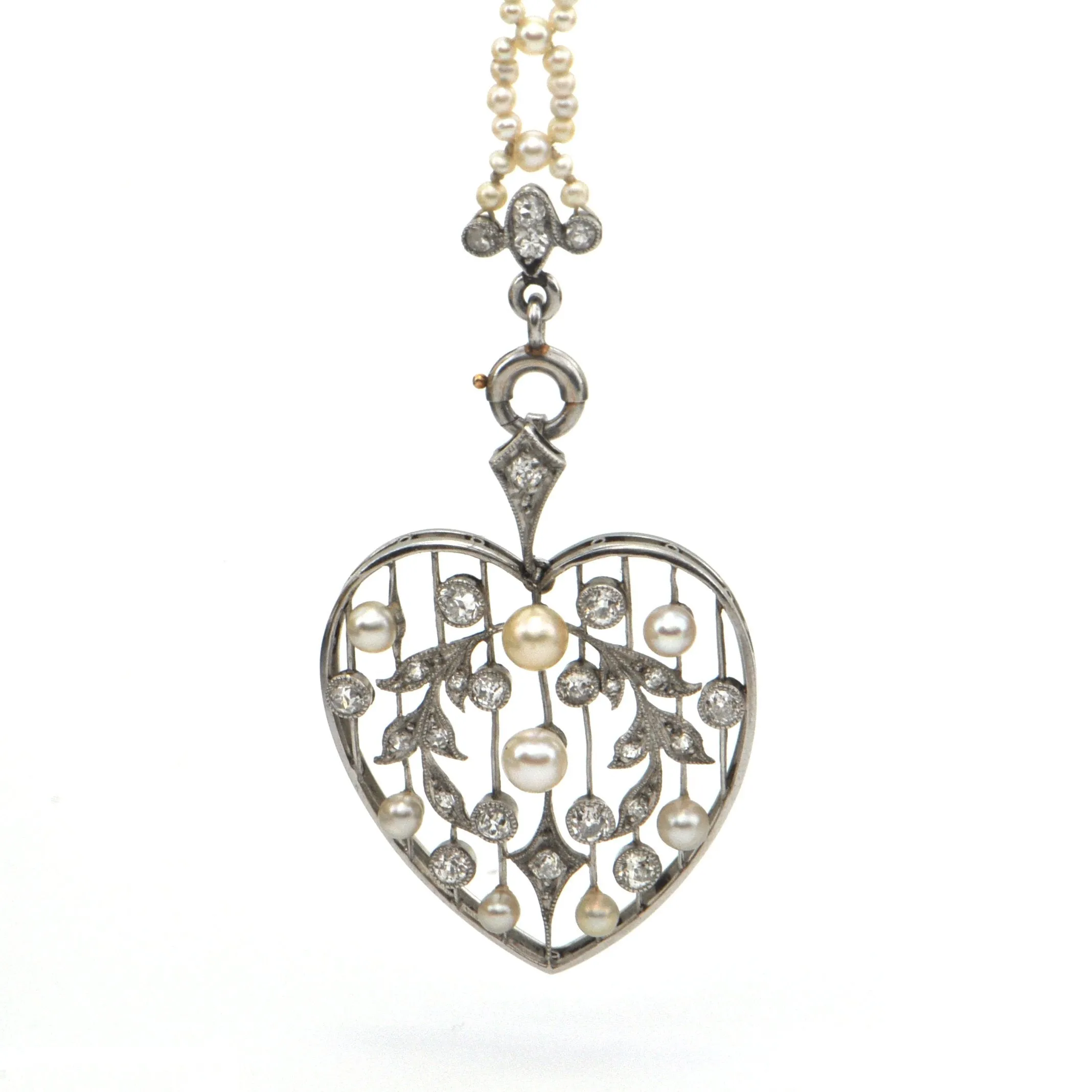 Edwardian Seed Pearl and Diamond Necklace with Detachable Heart Pendant C. 1900
