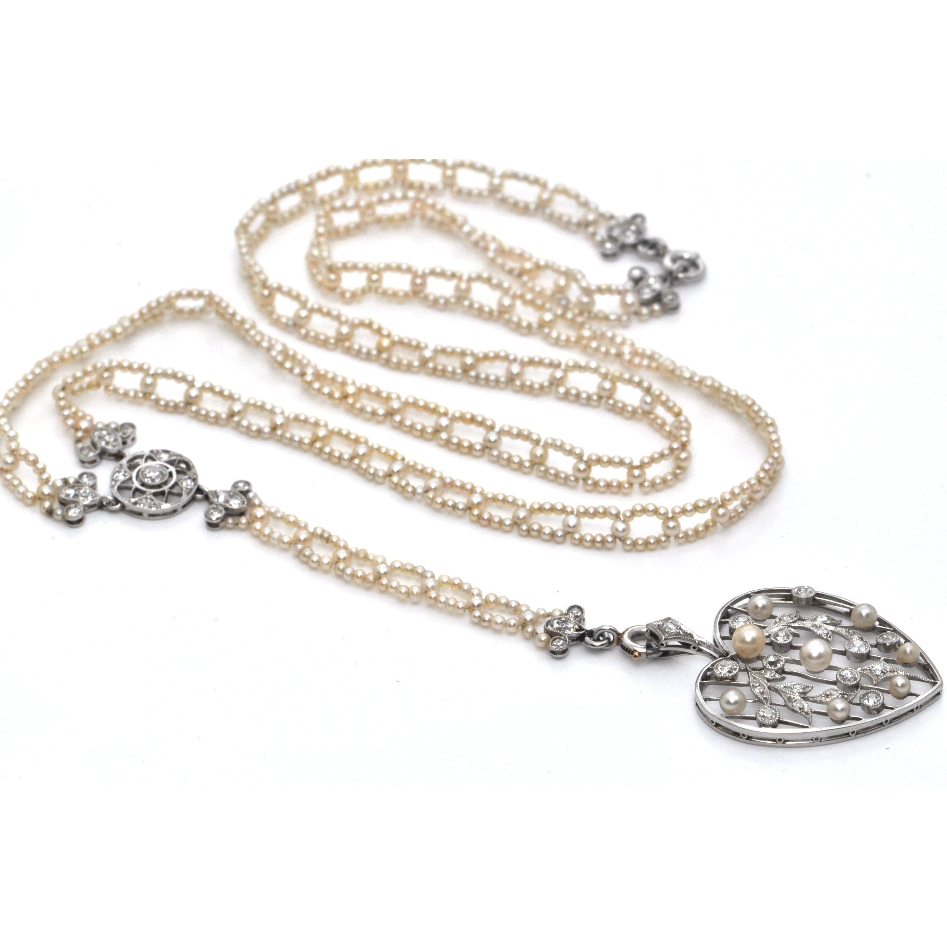Edwardian Seed Pearl and Diamond Necklace with Detachable Heart Pendant C. 1900