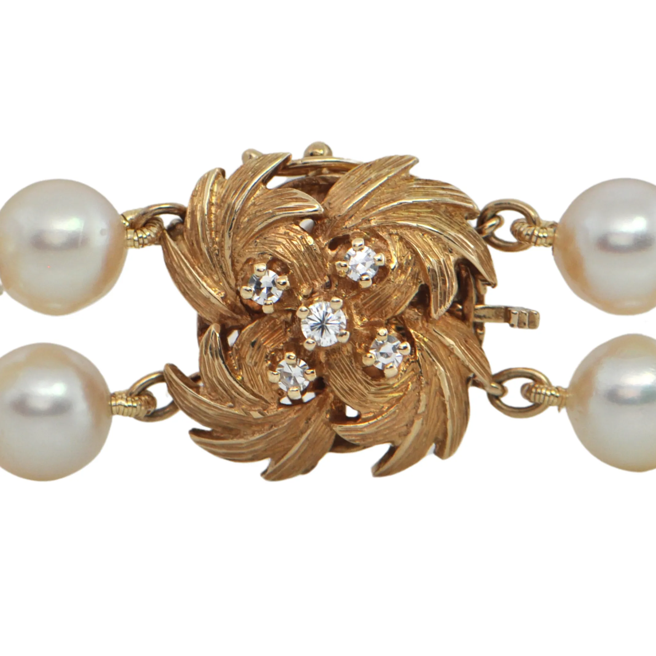 Estate Retro Birks Double Strand Pearl Necklace with 14K Gold and Diamond Clasp
