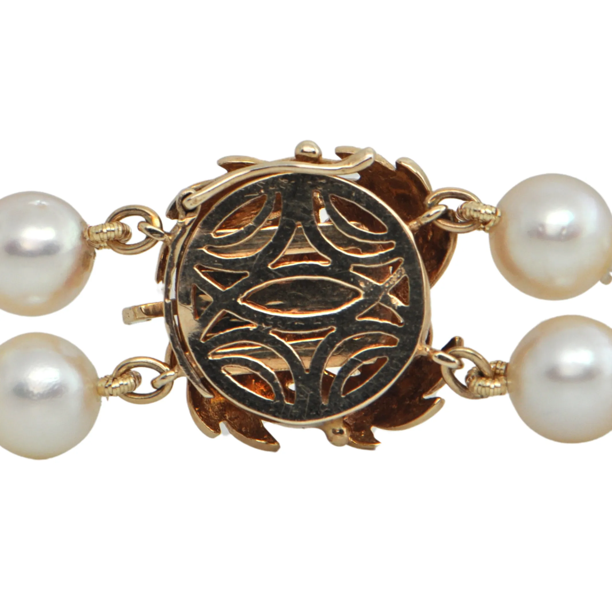 Estate Retro Birks Double Strand Pearl Necklace with 14K Gold and Diamond Clasp