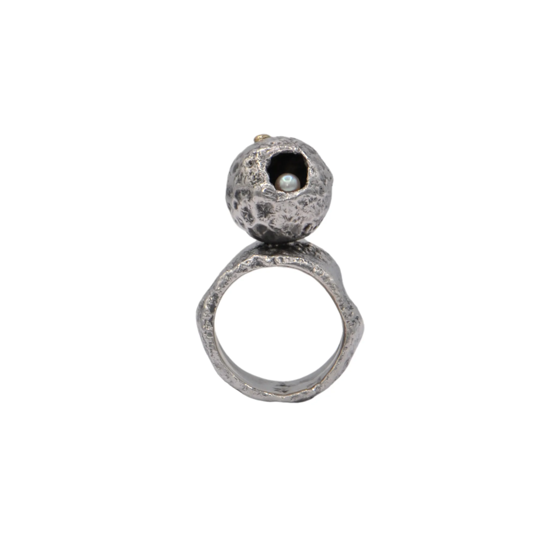 Estate Signed Walter Schluep Sterling Silver and Gold Pearl Ball Ring